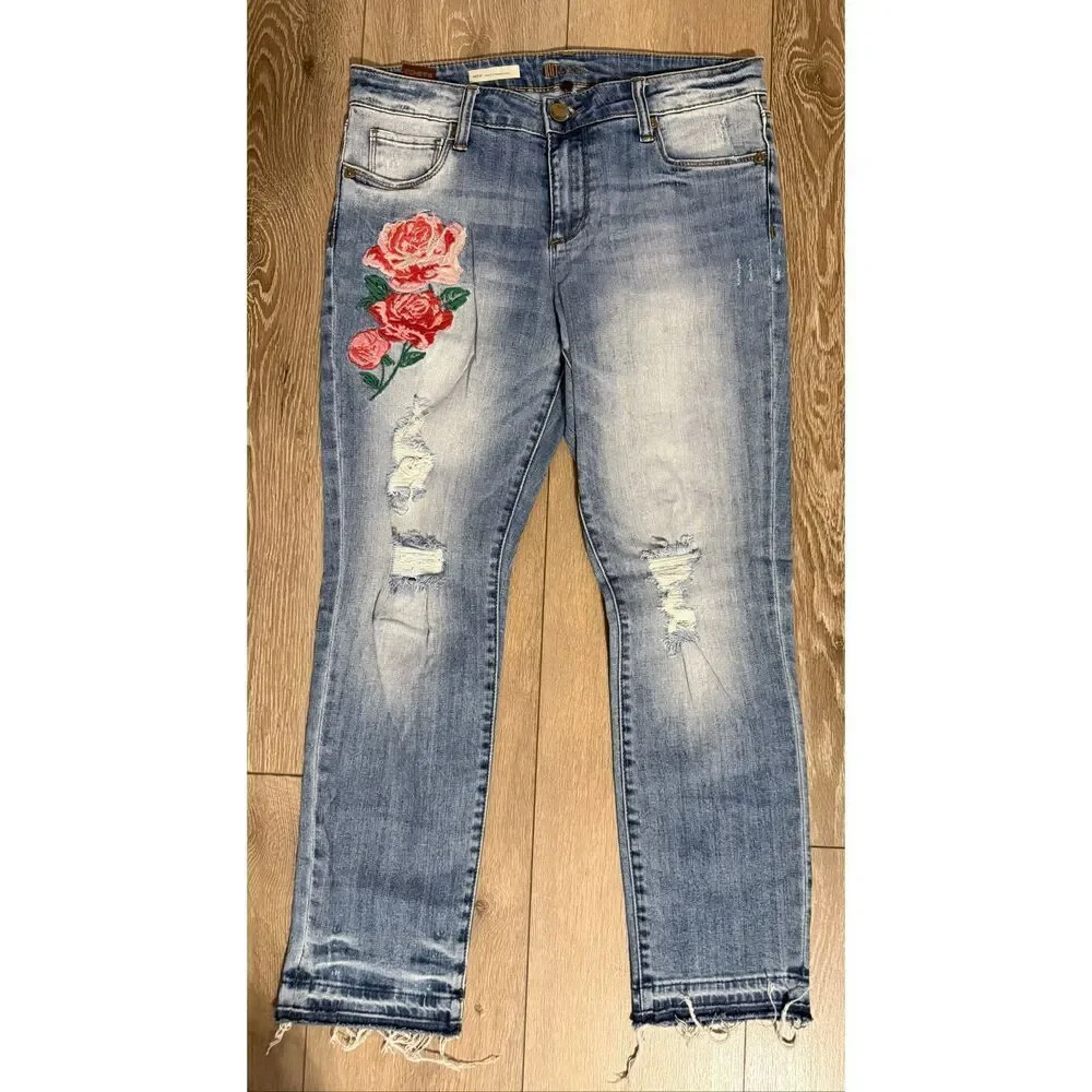 Kut From The Kloth Size 6 Reese Ankle Straight Jeans Rosette Floral Embroidered